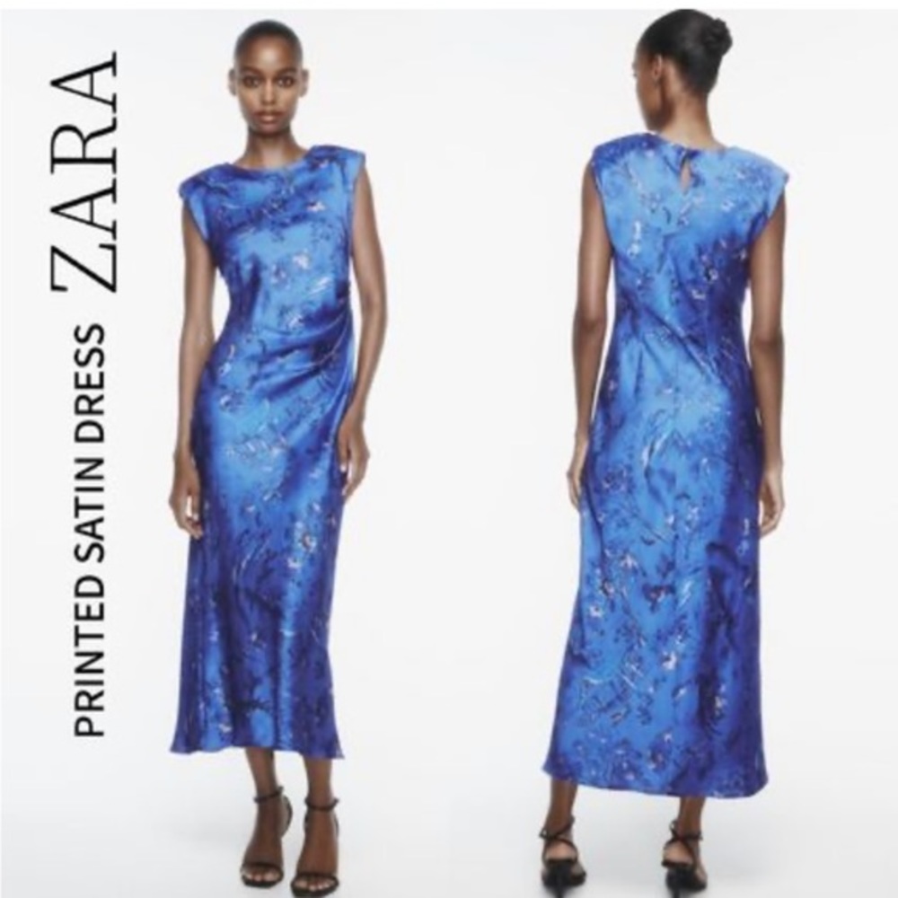 Zara NWT satin effect printed dress blue